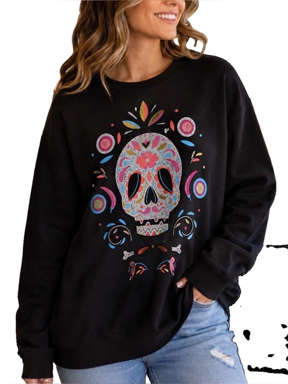 Black Crewneck Sweatshirt with Colorful Sugar Skull Graphic over size